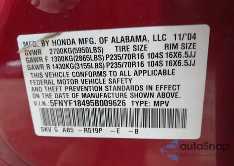 2005 Honda Pilot Ex z USA, uszkodzony, nr VIN 5FNYF18495B009626